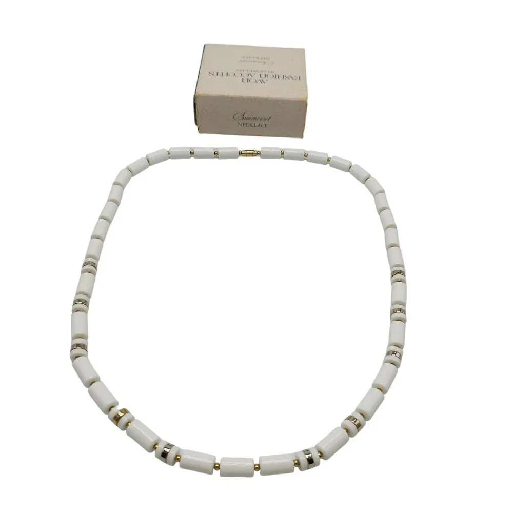 Avon 1977 White Tube Beads Gold Tone Accents Summerset Necklace 28 in Long
